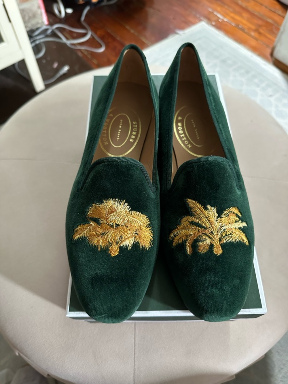 Stubbs & Wootton Emerald Green Velvet Loafers with Gold Embroidered Palm